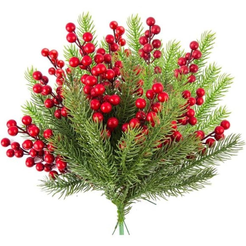 30 Pieces Artificial Pine Branches Christmas Holly Berries Artificial Red